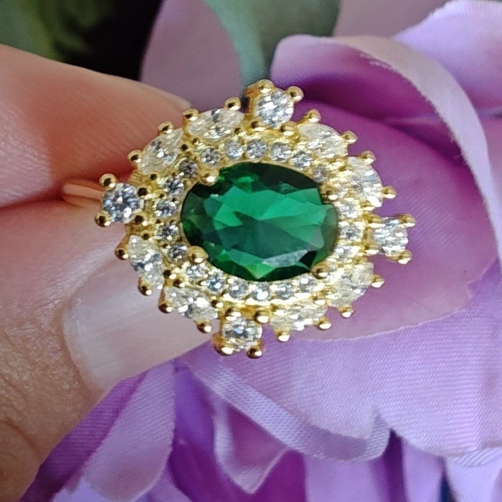 Ring Emerald Green Oval Halo 925 Sterling Silver Gold Plated Statement Ring
